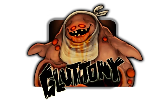 Sincognito: A grotesque creature with orange eyes and mouth, text "GLUTTONY" in bold, jagged font.