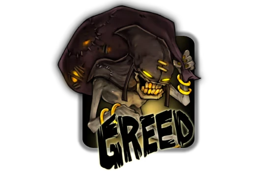 Sincognito: Hooded creature with glowing eyes and gold rings, text "GREED" in bold, jagged font.