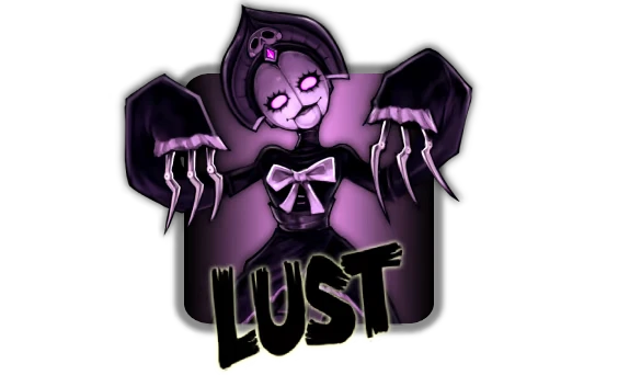 Sincognito: A sinister figure with glowing eyes and claws, labeled "LUST" in bold, shadowy text.