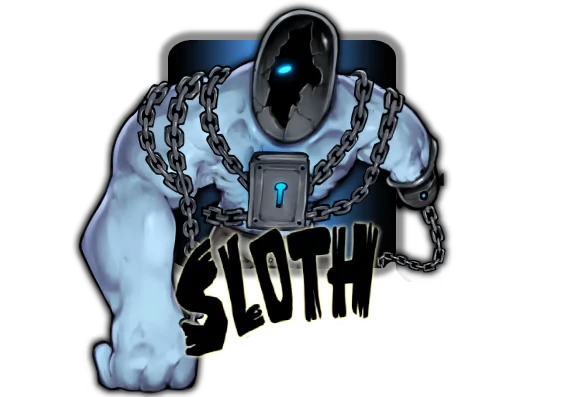 Sincognito: A chained, muscular figure with a cracked mask and glowing eye, labeled "SLOTH".