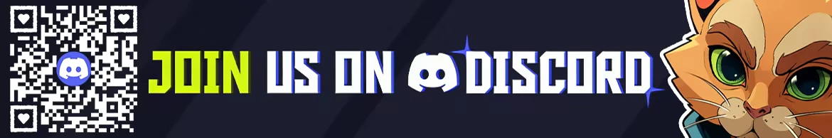 Sineus Arena Survivors: QR code and “JOIN US ON DISCORD” text with cat face icon.