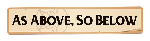 Sintopia: Beige banner with bold black text "AS ABOVE, SO BELOW" and a subtle emblem background.