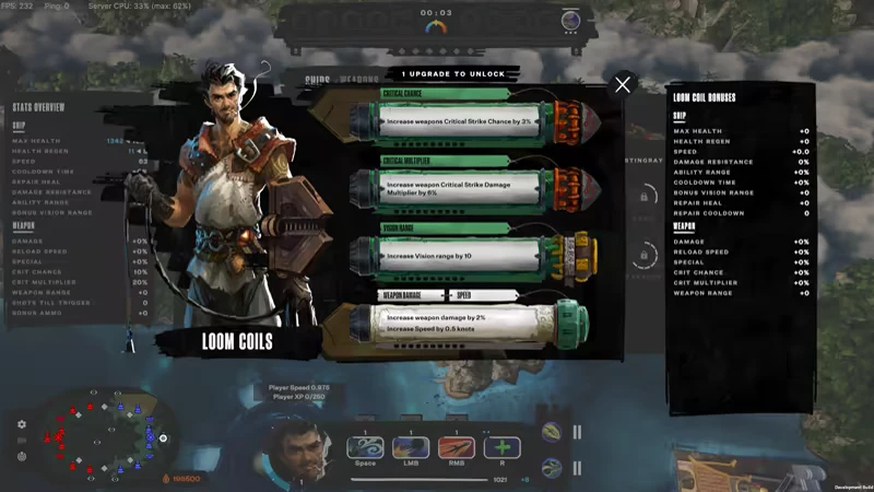 Sirocco: Character with mechanical arm, upgrade options, stats overview, and minimap displayed.