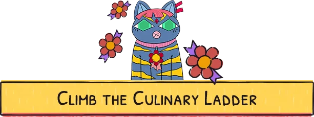 Sizzle & Stack: Cartoon cat with flowers, text "Climb the Culinary Ladder" on yellow banner.