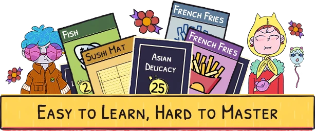 Sizzle & Stack: Cartoon characters with cards labeled Fish, Sushi Mat, and French Fries.