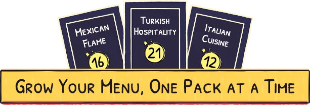 Sizzle & Stack: Three recipe cards labeled Mexican Flame, Turkish Hospitality, Italian Cuisine.