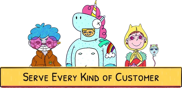 Sizzle & Stack: Three quirky characters with colorful outfits above "Serve Every Kind of Customer."