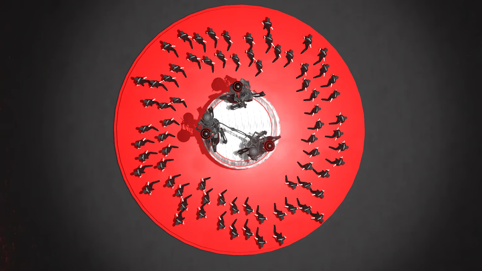 Skill Issue: Top-down view of red arena with black figures circling three turrets on white disk.