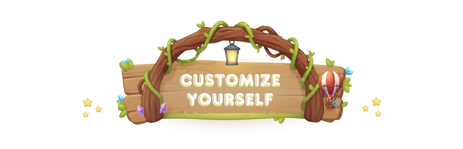 Sky Harvest: Wooden sign with "CUSTOMIZE YOURSELF" text, vines, lantern, and hot air balloon.