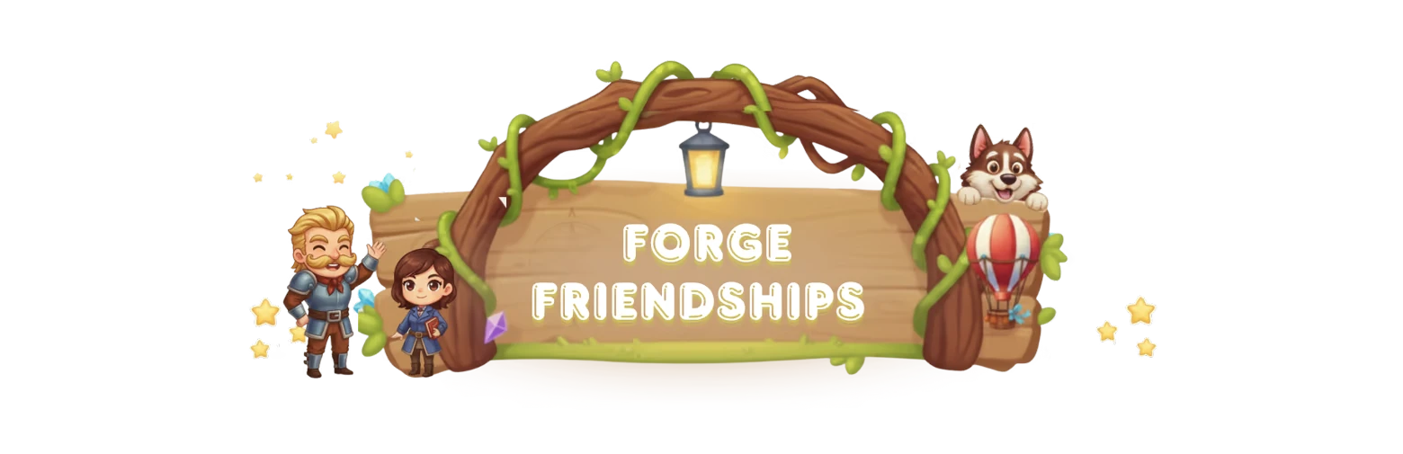 Sky Harvest: Two characters, a dog, and a hot air balloon surround "FORGE FRIENDSHIPS" text.