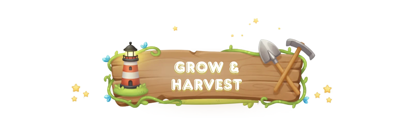 Sky Harvest: Wooden sign with "Grow & Harvest," lighthouse, shovel, pickaxe, stars, and vines.