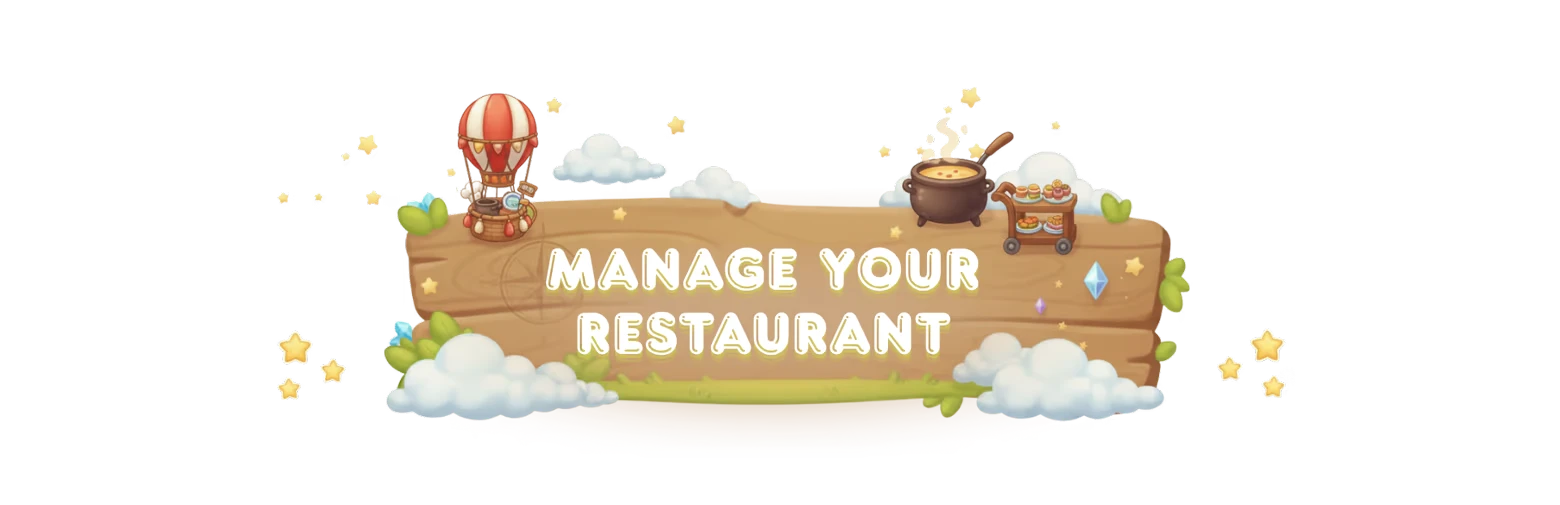 Sky Harvest: Wooden sign with "Manage Your Restaurant," hot air balloon, and food items.