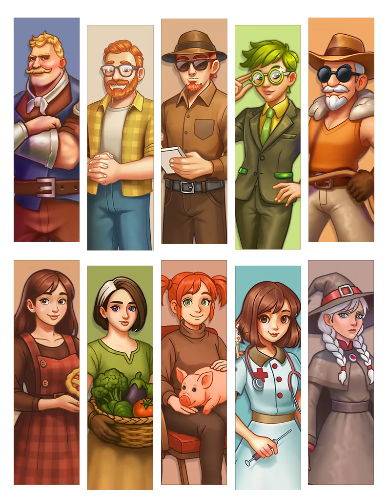 Sky Harvest: Ten diverse characters in various outfits, including a farmer, doctor, and witch.