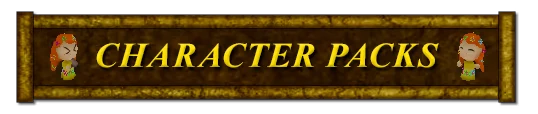 Character Packs – SKY WORLD 64 SKY WORLD 64: "CHARACTER PACKS" text in gold on brown, flanked by cartoon characters.