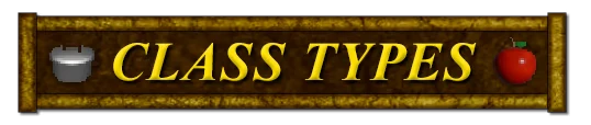 Class Types Banner – SKY WORLD 64 SKY WORLD 64: Brown banner with "CLASS TYPES" in yellow text, flanked by a pot and an apple.