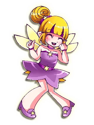 Fairy Character – SKY WORLD 64 SKY WORLD 64: Pixel art fairy with blonde hair, purple dress, and star accents, smiling joyfully.
