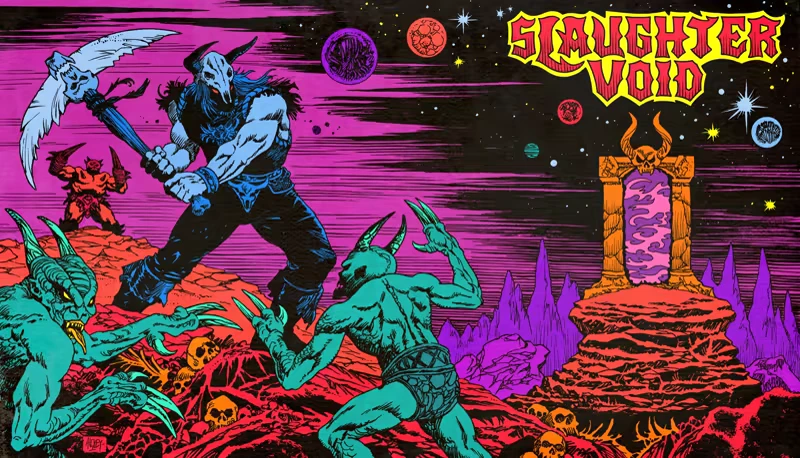 Slaughter Void: Skull-masked warrior fights demons; logo above a horned portal in space sky.