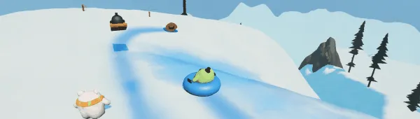 Sledding Game: Characters on blue tubes sliding down snowy hill with trees and rock.