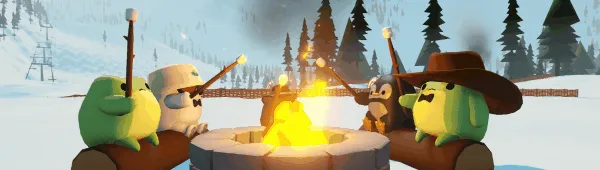 Sledding Game: Four cartoon animals roast marshmallows by a snowy campfire pit.