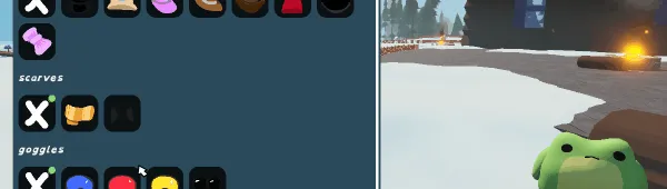 Sledding Game: Menu with “scarves” and “goggles” options beside green frog avatar.