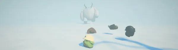 Sledding Game: Snowy hill with small figures and a large white horned creature ahead.