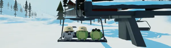 Sledding Game: Three cartoon frogs on ski lift chair under snowy mountains and pines.