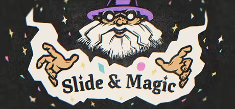 Slide & Magic: Wizard with purple hat above “Slide & Magic” logo and confetti stars