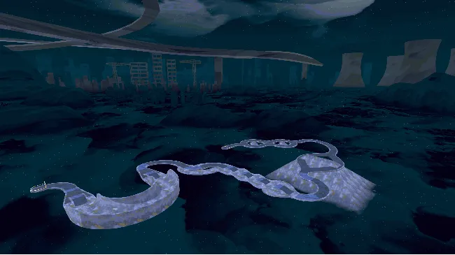 Slip & Skid: Twisting icy track under a starry sky, with distant cityscape and elevated roads.