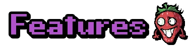 Features Title – Slot or Not Slot or Not: Purple pixel text “Features” on black, with grinning red fruit character.