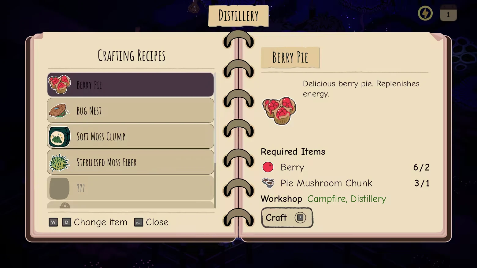Slumbering Woods: Distillery crafting book UI showing Berry Pie recipe and required items list.