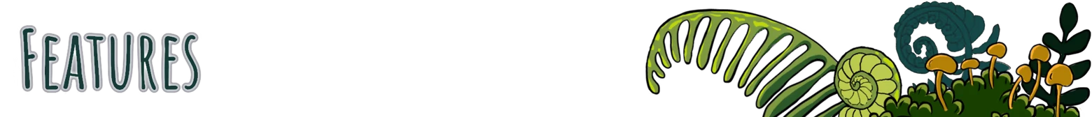 Slumbering Woods: “FEATURES” text on left, stylized green plants and mushrooms on right.