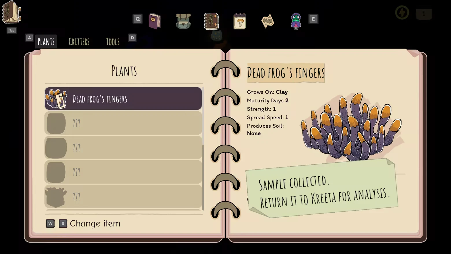 Slumbering Woods: Plants journal page for Dead Frog's Fingers with stats and note.