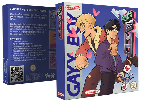 Gay Crush Cover – Small Town Emo Small Town Emo: Two teens with hearts, one holding a GameBoy, cover text reads "GAYY BOY."