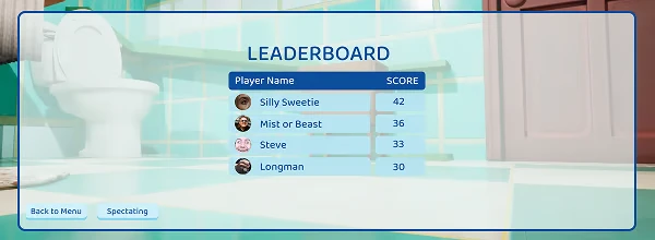 Soap Slide: Leaderboard with player names and scores over a bathroom background with a toilet.