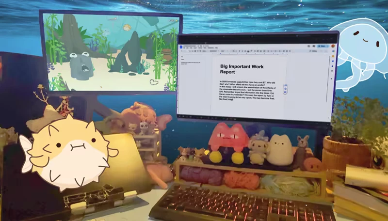 Soggy Beans: Underwater scene with fish on screen, plush toys, and a "Big Important Work Report."