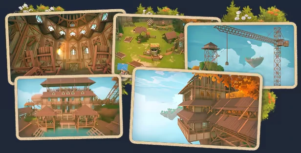 Solarpunk: Five scenes of wooden structures, cranes, and floating islands with lush greenery.