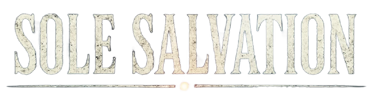 Sole Salvation: Large distressed white title text on black with thin line and orange dot.
