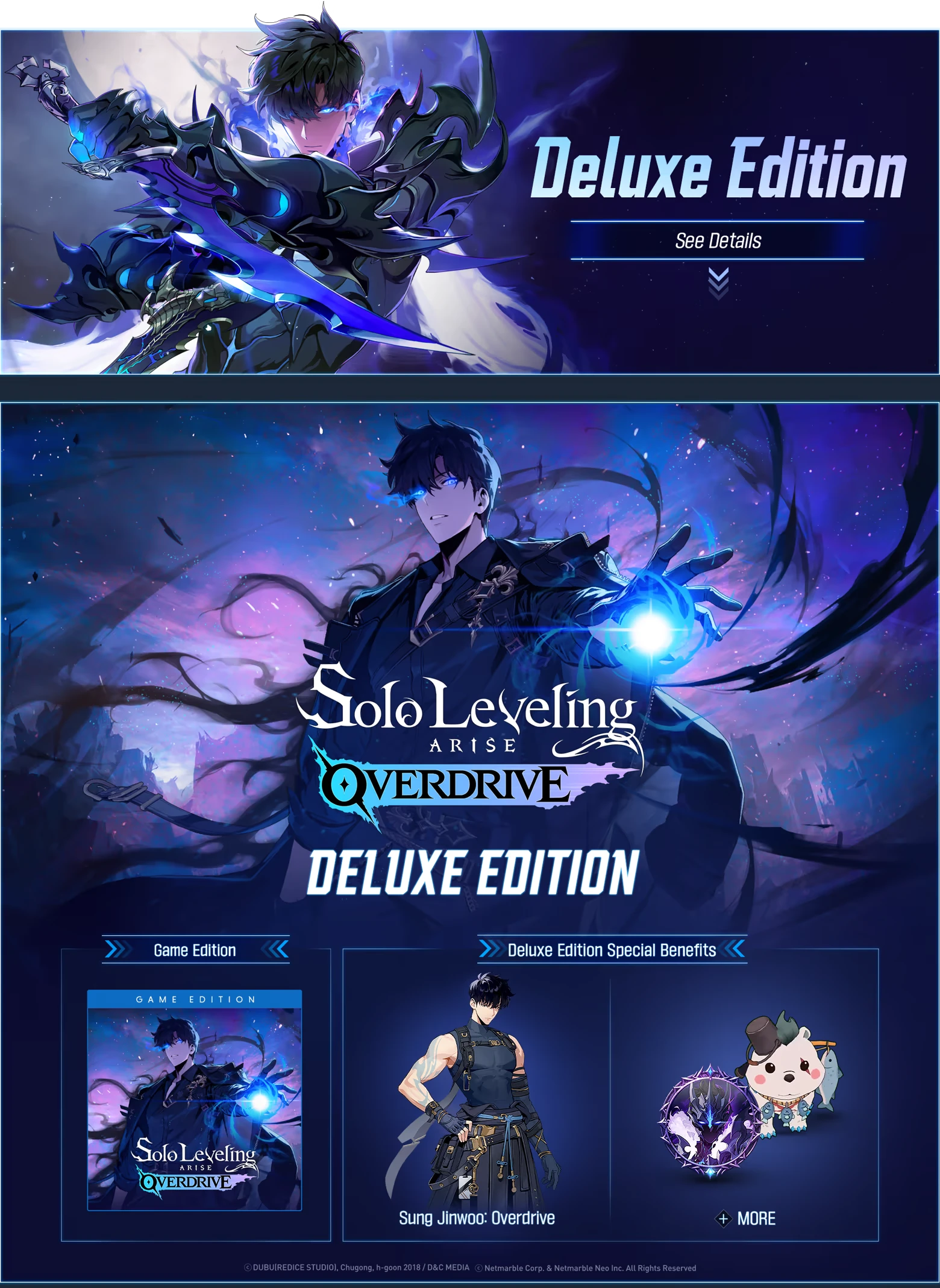 Solo Leveling: Hero with glowing blue eyes and armor, "Deluxe Edition" text, special benefits.