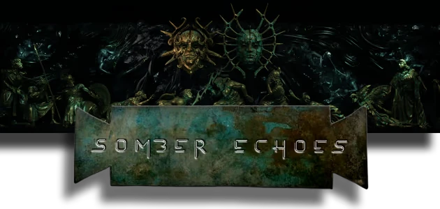 Somber Echoes: Metallic logo with ancient statues and dark, intricate background designs.