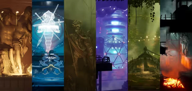 Somber Echoes: Six vertical panels show statues, holograms, futuristic towers, and fiery scenes.