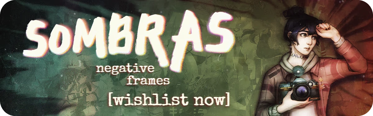 SOMBRAS: Title text, “negative frames [wishlist now]”, and woman holding camera.