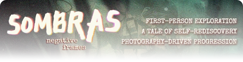 SOMBRAS: Title text over grainy photo collage; right-side feature list in white caps.