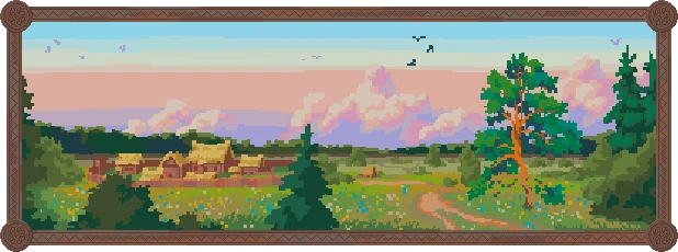 Song of Slavs: Pixel art landscape with a village, trees, and a colorful sky at sunset.