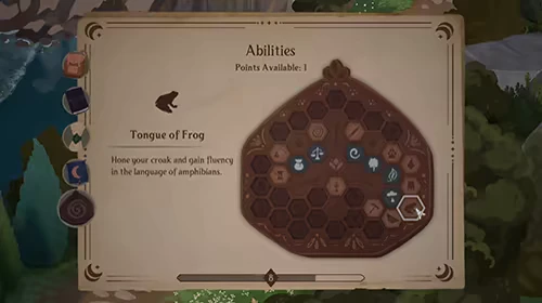 Songs of Glimmerwick: Abilities menu showing Tongue of Frog and a hex skill grid, 1 point.