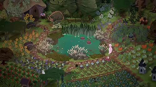 Songs of Glimmerwick: Garden pond with crops, pumpkins, beehives, and a pink ghost figure.
