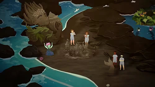 Songs of Glimmerwick: Four students on rocky shore by sea, giant stone fish statue nearby.