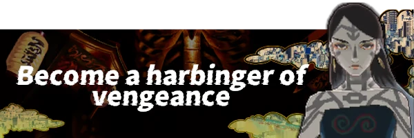 Harbinger Vengeance – SONOKUNI SONOKUNI: Gray character with tattoos, bold text "Become a harbinger of vengeance," cityscape.