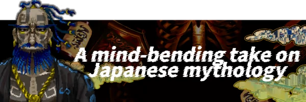 Japanese Mythology – SONOKUNI SONOKUNI: Blue-bearded character with gold chain, bold text reads "A mind-bending take on Japanese mythology."