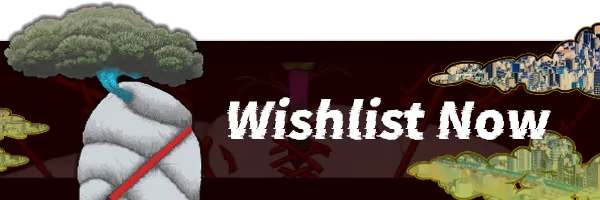 Tree Clouds – SONOKUNI SONOKUNI: A giant tree with a blue trunk, red ribbon, cityscape clouds, and "Wishlist Now" text.