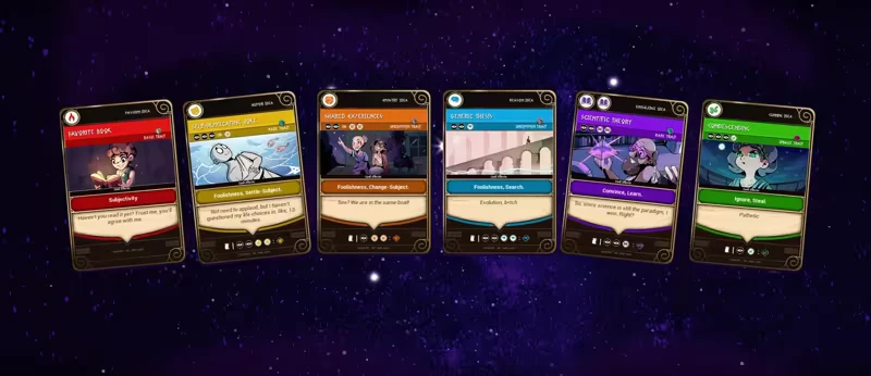 Sophistry: Six colorful cards with illustrations and text, set against a starry background.